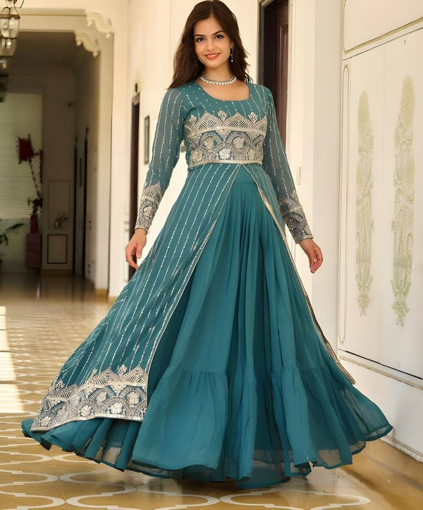 Magnetic Turquoise Color Georgette  Fabric Party Wear Lehenga