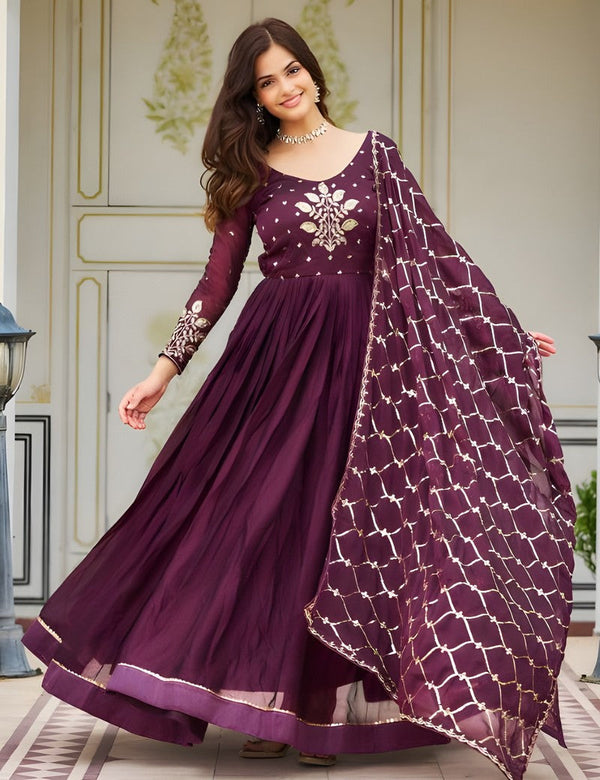 Striking Wine Color Rangoli Fabric Gown