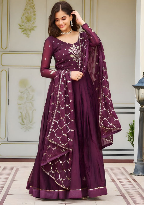 Striking Wine Color Rangoli Fabric Gown