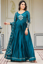 Striking Teal Color Rangoli Fabric Gown