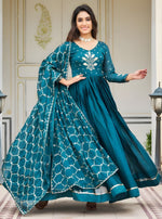 Striking Teal Color Rangoli Fabric Gown