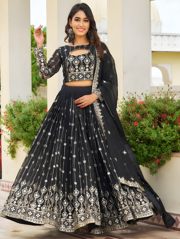 Magnetic Black Color Georgette Fabric Party Wear Lehenga