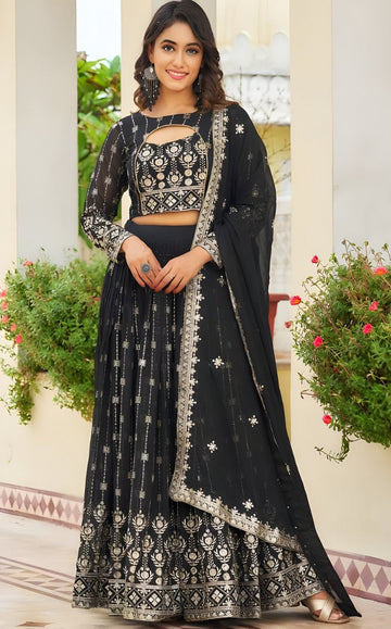 Magnetic Black Color Georgette Fabric Party Wear Lehenga