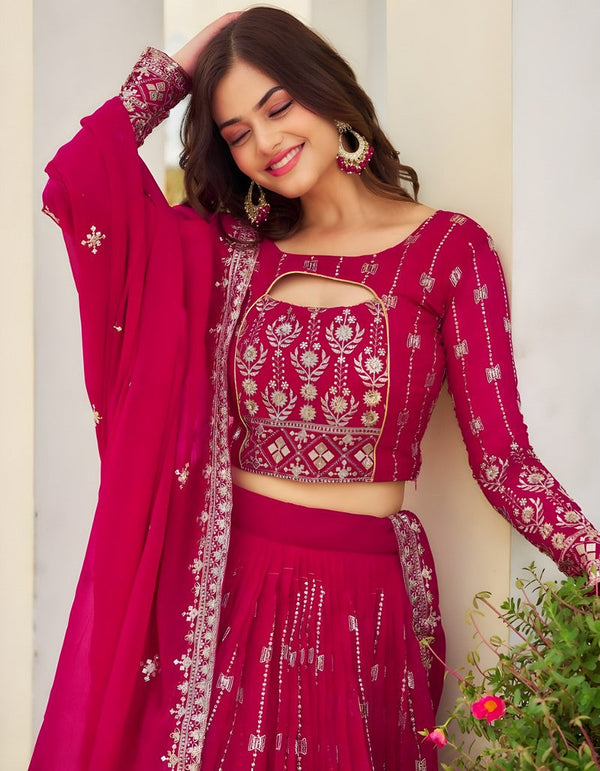 Magnetic Pink Color Georgette Fabric Party Wear Lehenga