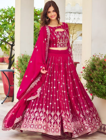 Magnetic Pink Color Georgette Fabric Party Wear Lehenga