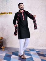 Amazing Black Color Rayon Fabric Mens Kurta With Dupatta