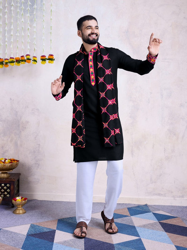 Amazing Black Color Rayon Fabric Mens Kurta With Dupatta