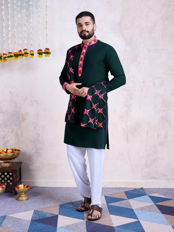 Amazing Green Color Rayon Fabric Mens Kurta With Dupatta