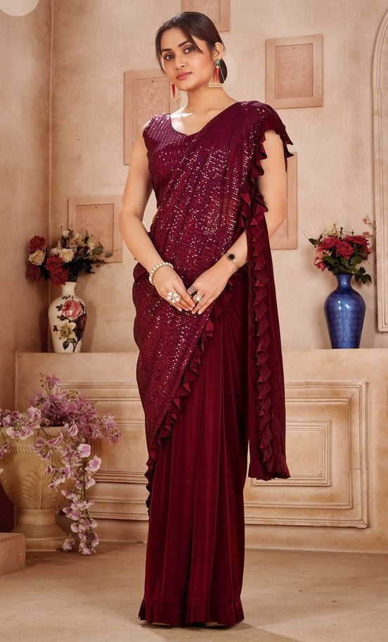 Pretty Maroon Color Imported Fabric Readymade Saree