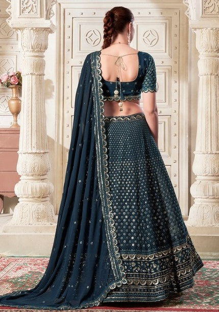 Magnetic Navy Blue Color Georgette Fabric Party Wear Lehenga