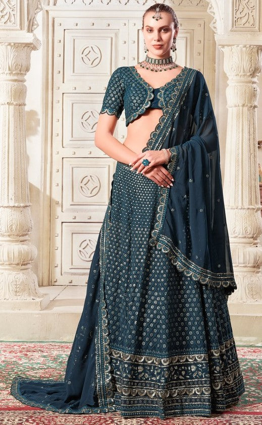 Magnetic Navy Blue Color Georgette Fabric Party Wear Lehenga