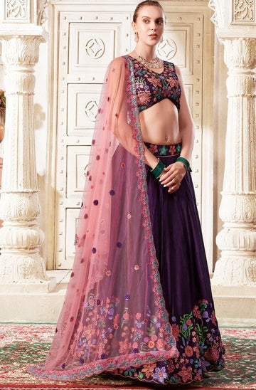 Magnetic Wine Color Silk Fabric Party Wear Lehenga