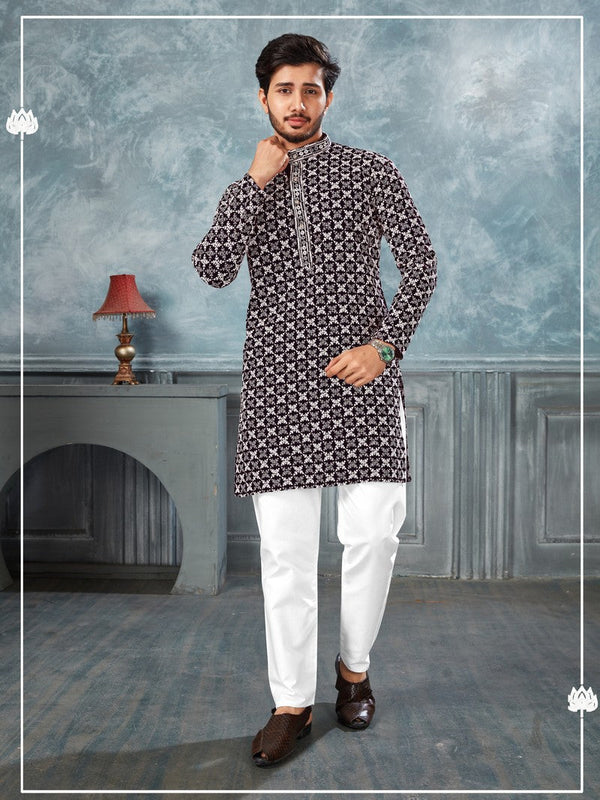 Amazing Black Color Silk Fabric Kurta Pajama