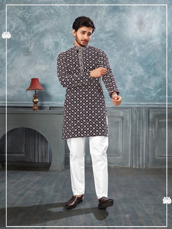 Amazing Black Color Silk Fabric Kurta Pajama