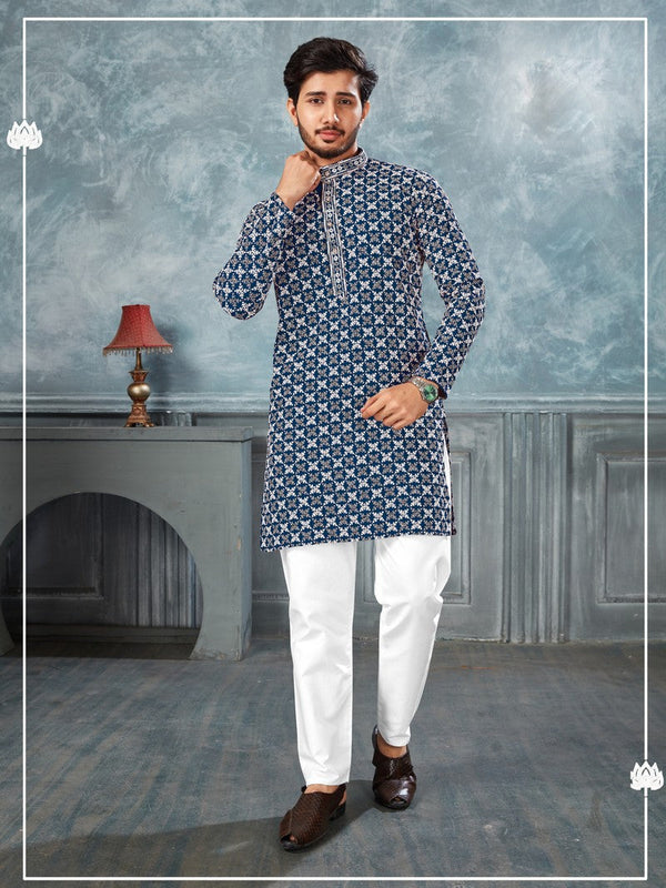 Amazing Blue Color Silk Fabric Kurta Pajama