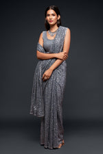 Grand Grey Color Georgette Fabric Partywear Saree