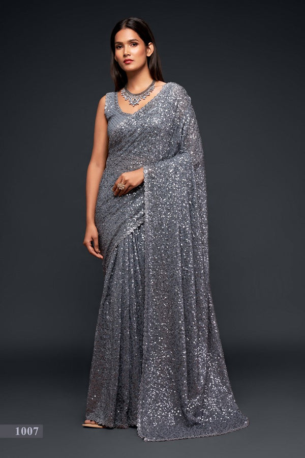 Grand Grey Color Georgette Fabric Partywear Saree