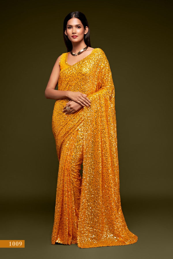 Grand Yellow Color Georgette Fabric Partywear Saree