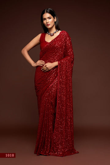 Grand Maroon Color Georgette Fabric Partywear Saree