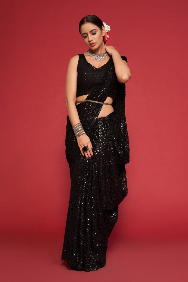 Grand Black Color Georgette Fabric Partywear Saree