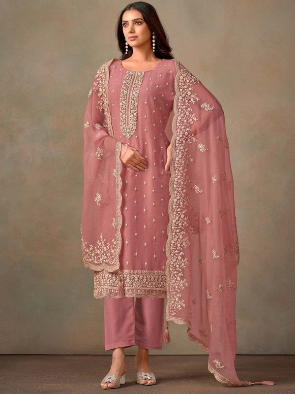 Tasteful Pink Color Organza Fabric Designer Suit