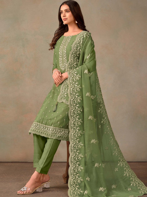 Tasteful Green Color Organza Fabric Designer Suit