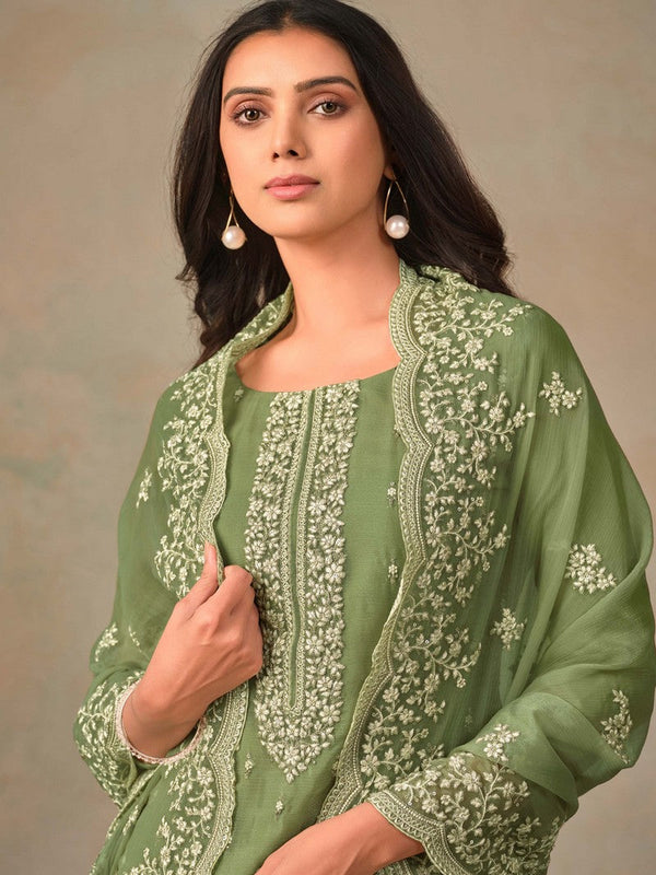 Tasteful Green Color Organza Fabric Designer Suit