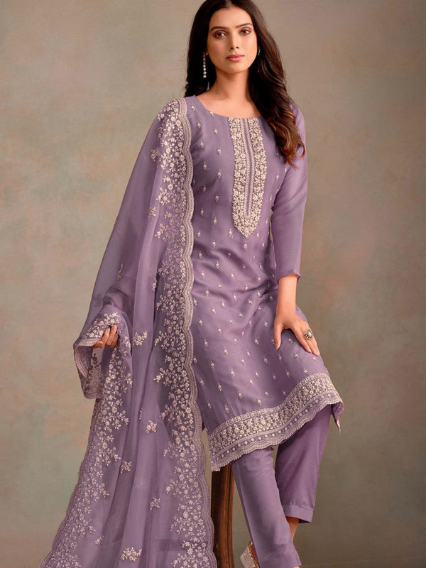 Tasteful Purple Color Organza Fabric Designer Suit