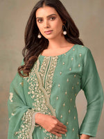 Tasteful Green Color Organza Fabric Designer Suit