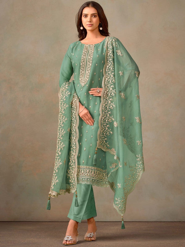 Tasteful Green Color Organza Fabric Designer Suit