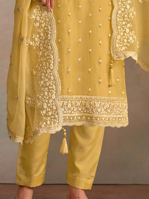 Tasteful Yellow Color Organza Fabric Designer Suit