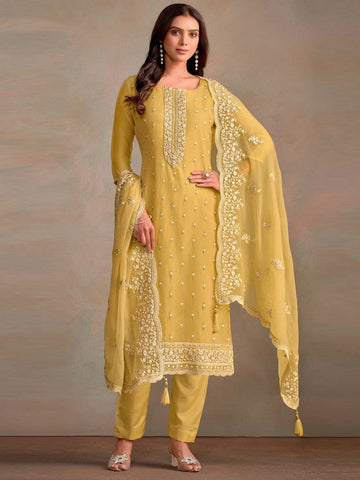 Tasteful Yellow Color Organza Fabric Designer Suit