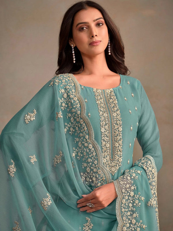 Tasteful Turquoise Color Organza Fabric Designer Suit