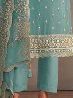 Tasteful Turquoise Color Organza Fabric Designer Suit