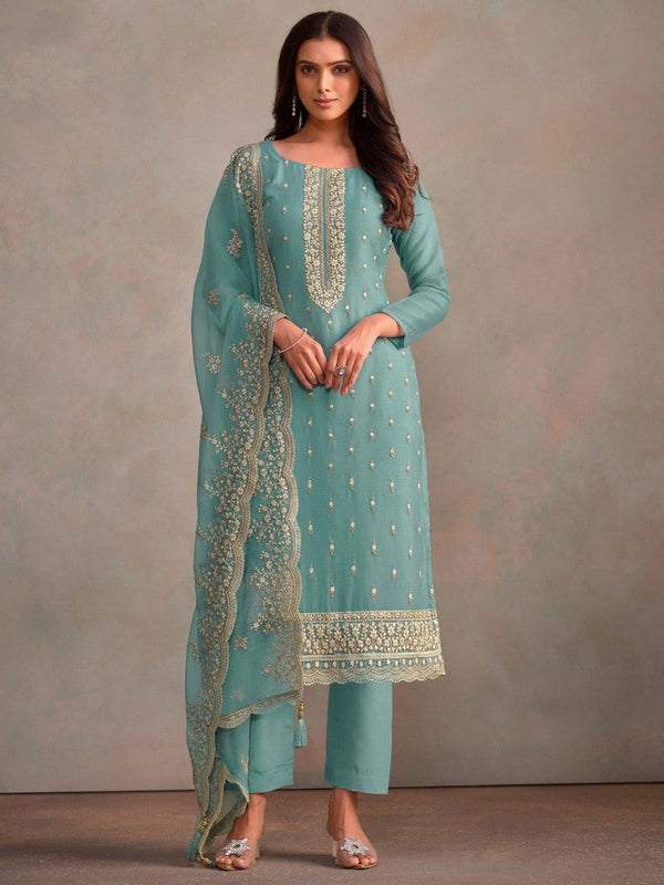 Tasteful Turquoise Color Organza Fabric Designer Suit