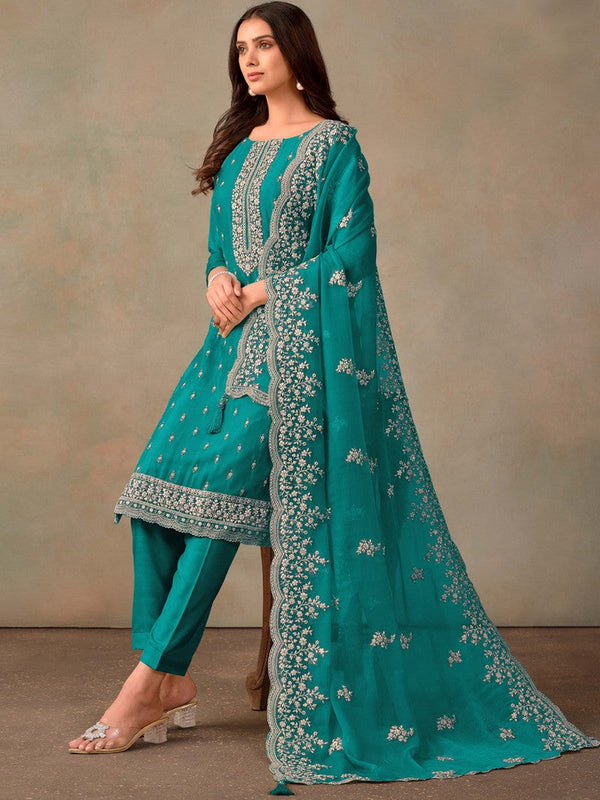 Tasteful Turquoise Color Organza Fabric Designer Suits