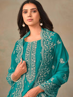 Tasteful Turquoise Color Organza Fabric Designer Suits