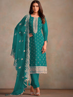 Tasteful Turquoise Color Organza Fabric Designer Suits