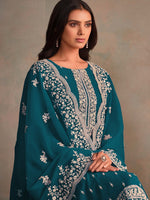 Tasteful Blue Color Organza Fabric Designer Suits