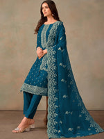 Tasteful Blue Color Organza Fabric Designer Suits