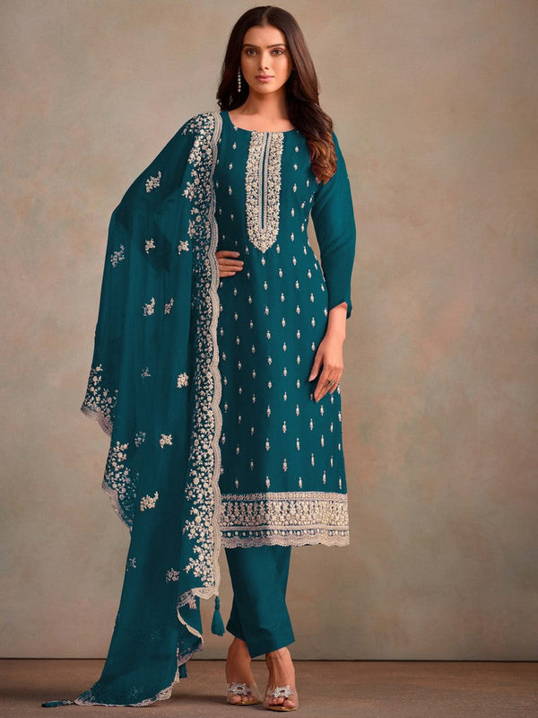 Tasteful Blue Color Organza Fabric Designer Suits