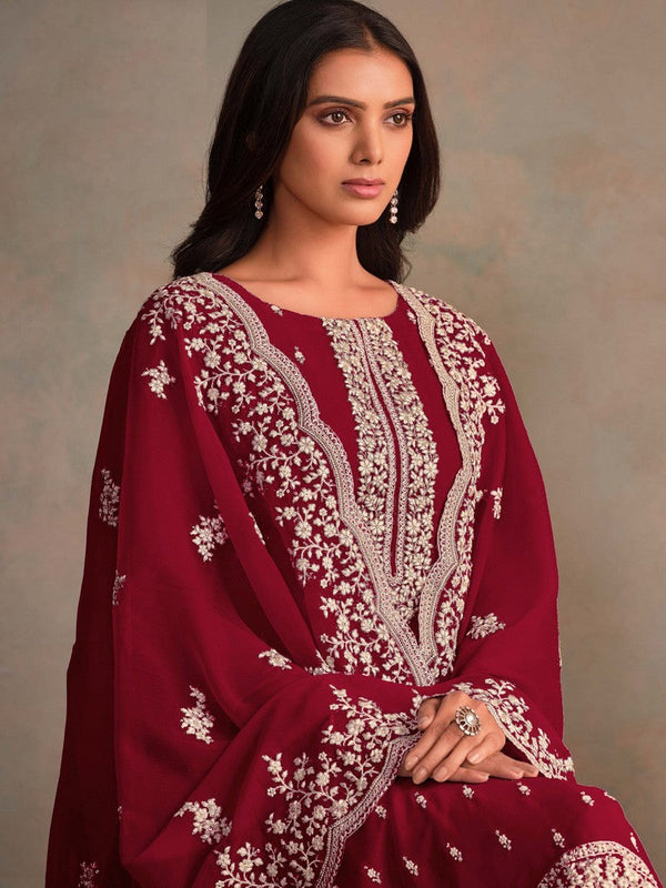 Tasteful Maroon Color Organza Fabric Designer Suits