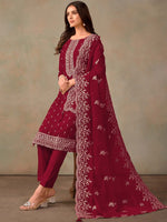 Tasteful Maroon Color Organza Fabric Designer Suits