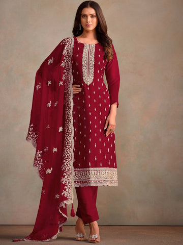 Tasteful Maroon Color Organza Fabric Designer Suits