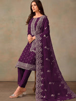 Tasteful Purple Color Organza Fabric Designer Suits