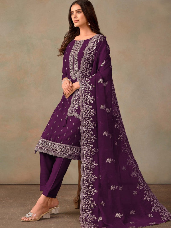 Tasteful Purple Color Organza Fabric Designer Suits