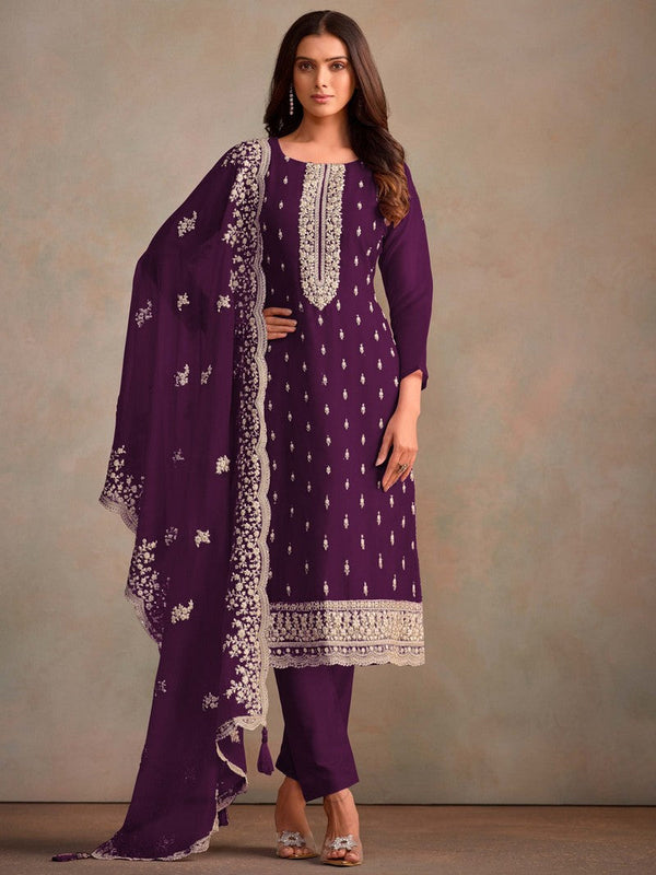 Tasteful Purple Color Organza Fabric Designer Suits