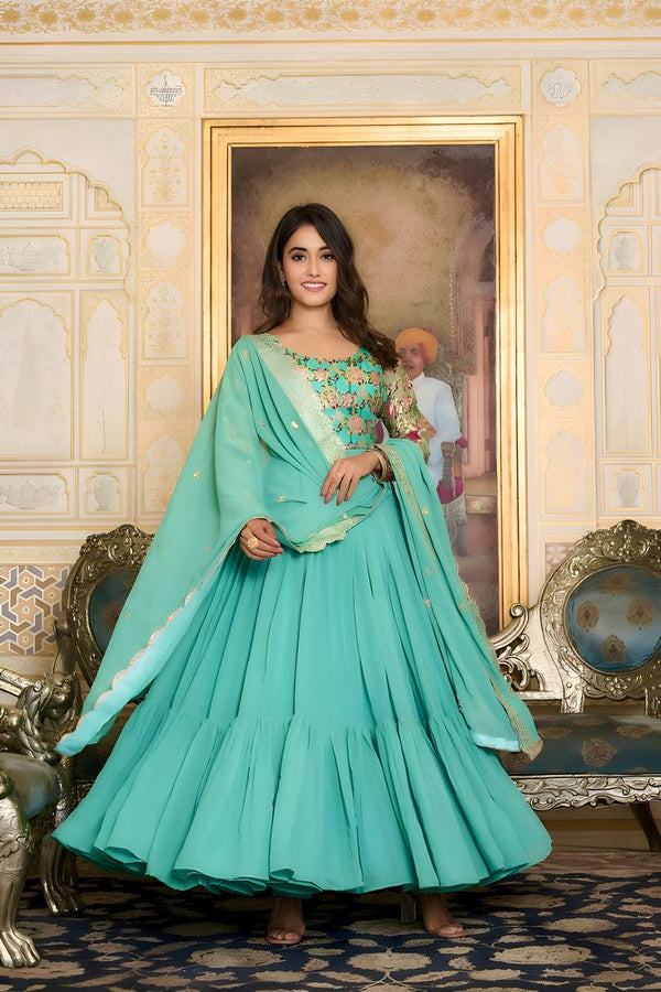 Striking Turquoise Color Georgette Fabric Gown