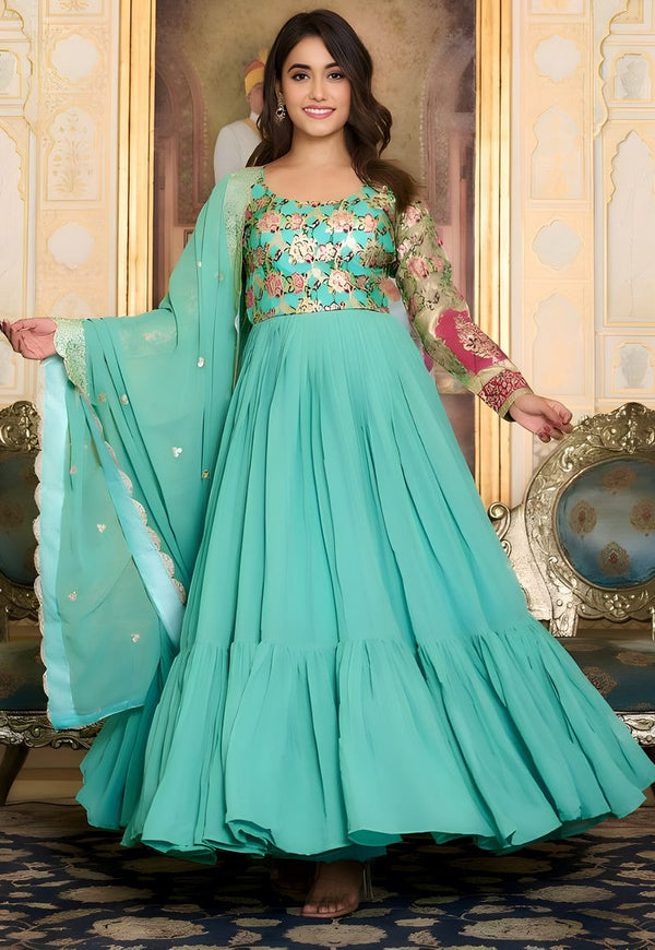 Striking Turquoise Color Georgette Fabric Gown