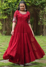 Striking Maroon Color Blooming Fabric Gown